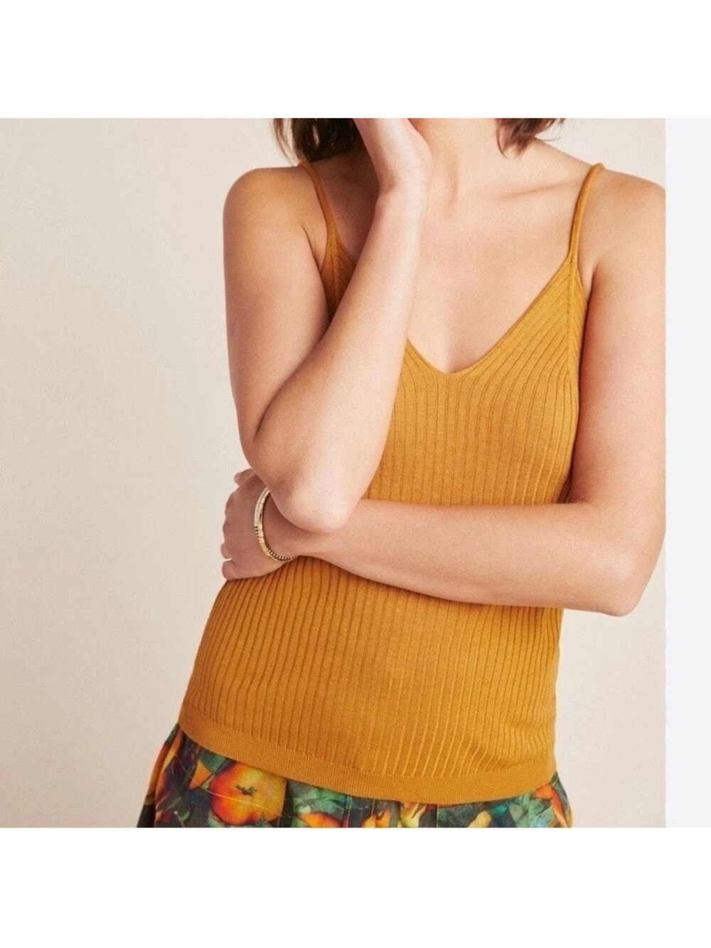 Anthropologie Ribbed Knit Linen Viscose Strappy Tank Sz Small Mustard